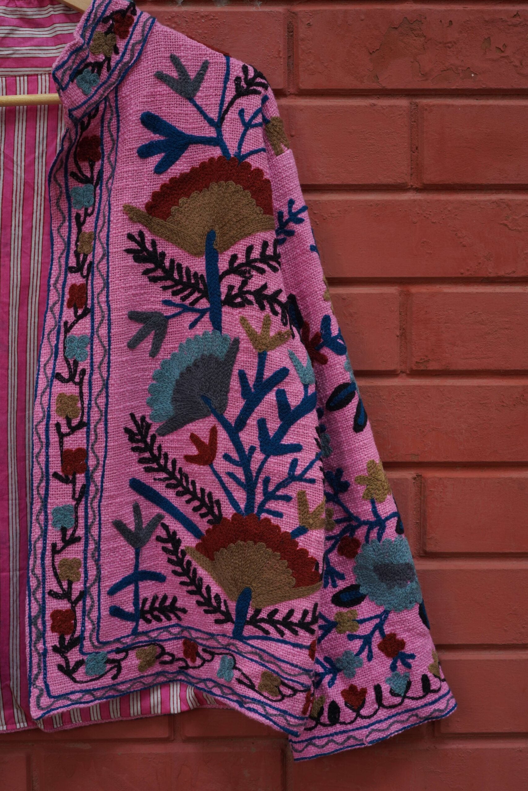Womens Pink Velvet Embroidered Jacket with Floral Design