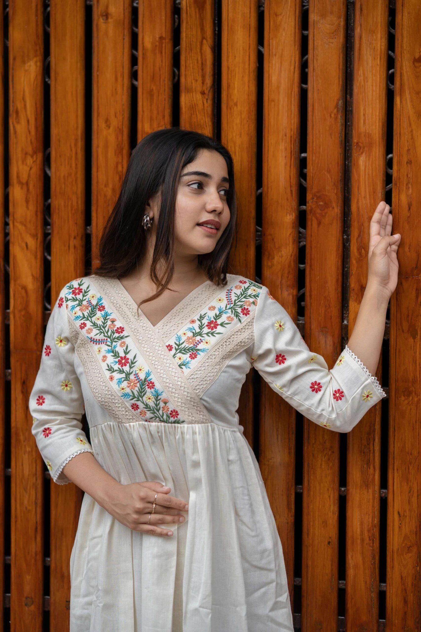 Women's Cotton Embroidered Short Anarkali Gown (Off White)