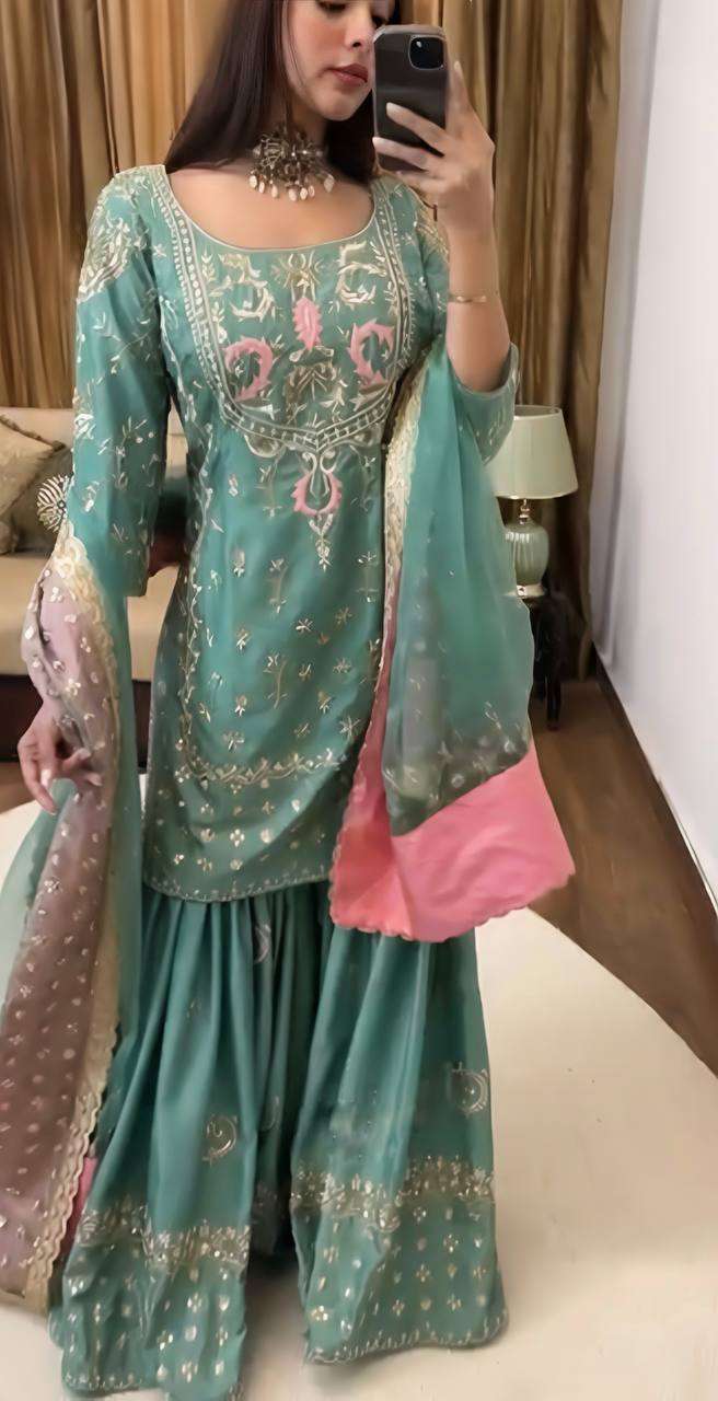 Women's Chinon Silk Heavy Embroidery Straight Kurta With Sharara and Dupatta set