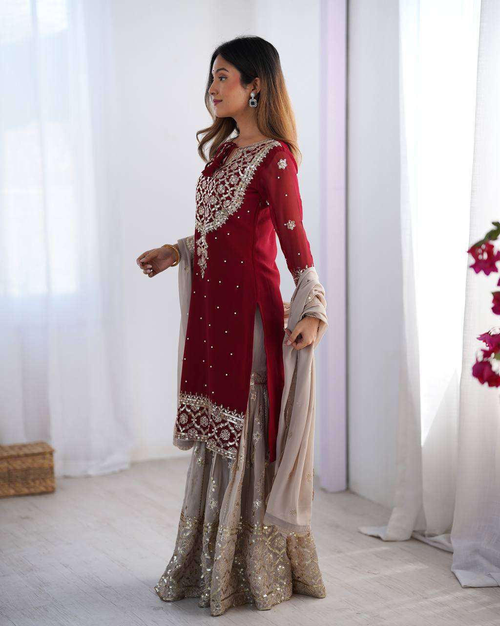 Women's Faux Georgette Sequins Embroidered Straight Kurta With Sharara Suit and Dupatta Set