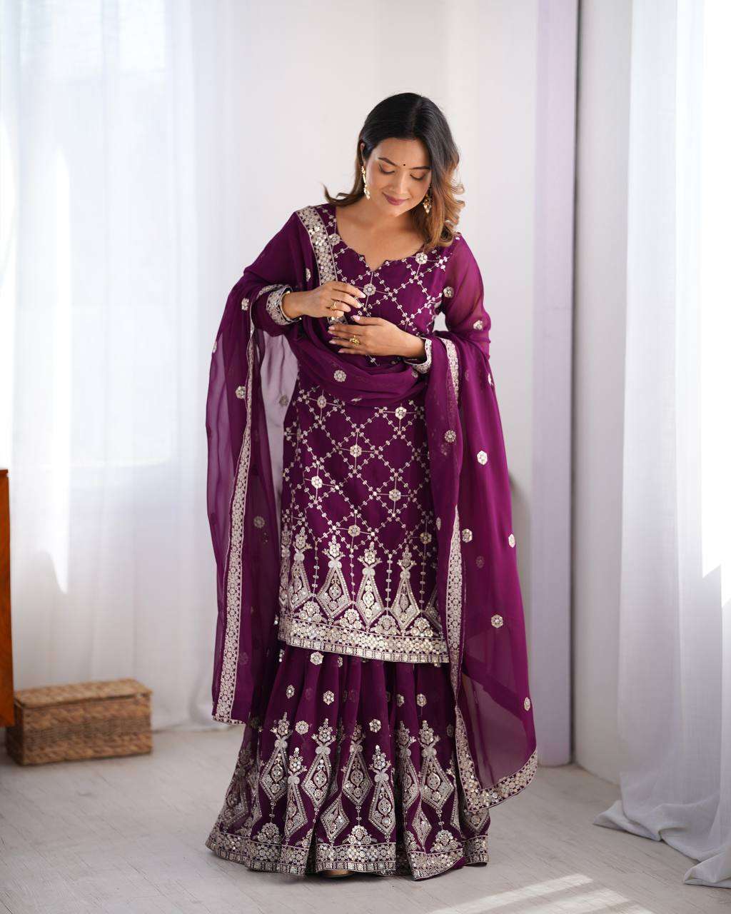 Women's Georgette Embroidery Work Straight Kurta With Sharara Suit and Dupatta Set