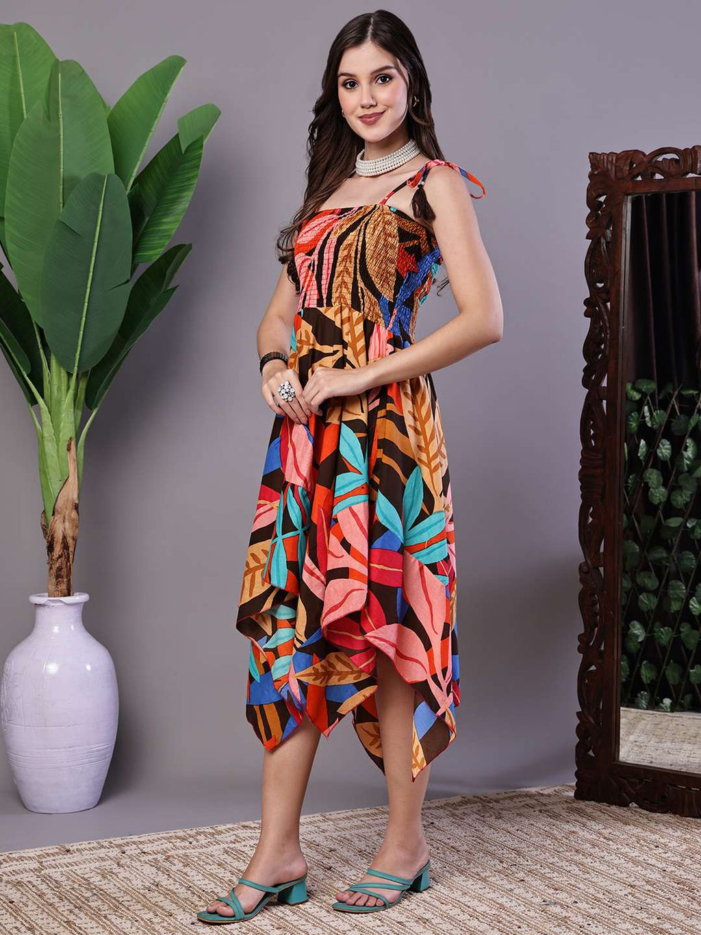 Women's MultiColor Abstract Print Cotton Handkerchief Hem Dress Midi Dresses