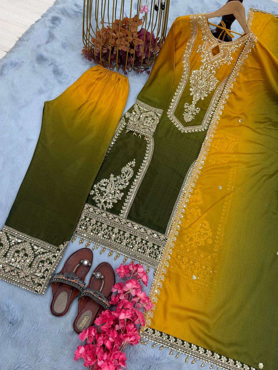 Women's Chinon Silk Embroidery Straight Pakistani Salwar Suit and Dupatta