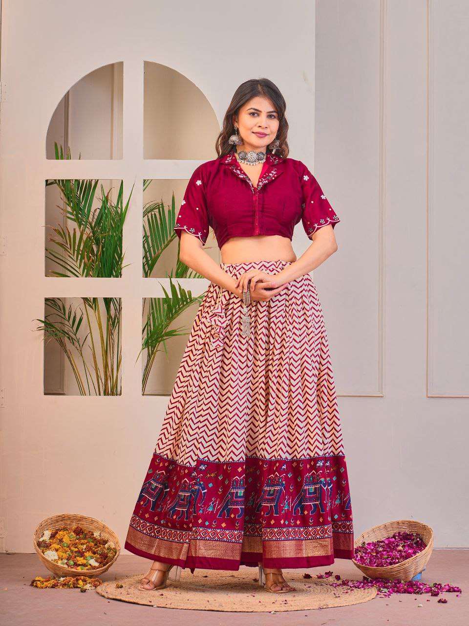 Women's Tussar Silk Patola Print Lehenga Choli Set with Foil Work
