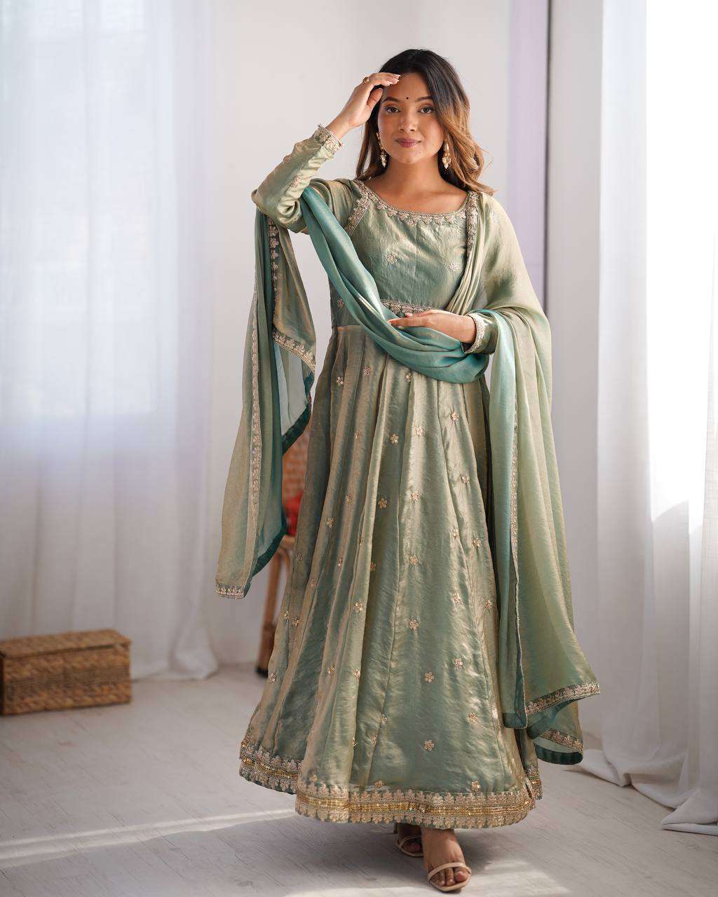 Women's Fandy Silk Coding with Sequnce work Long Anarkali Kurti Gown With Dupatta
