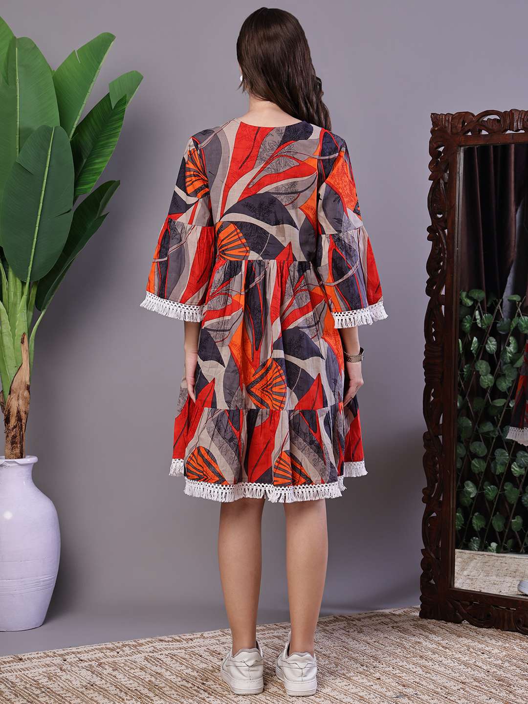 Wome's Multicolor Printed Cotton A-Line Dress with Embroidered Yoke Midi Dresses