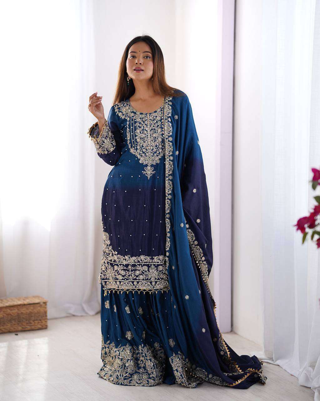 Women's Chinon Silk Sequence With Rivet Moti Work Straight Kurta With Sharara and Dupatta Set