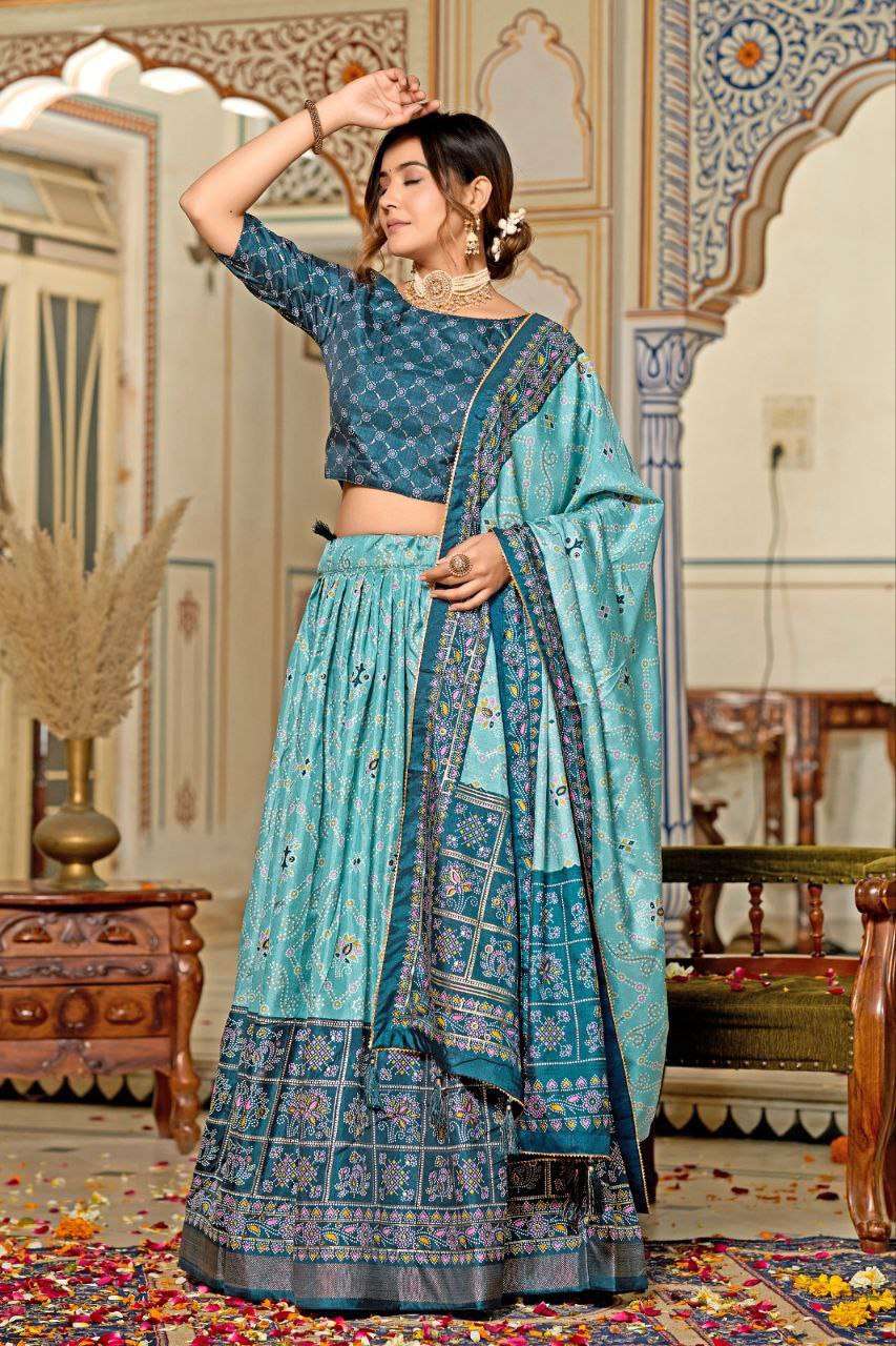 Women's Tussar Silk Patola Print Lehenga Choli Dupatta Set