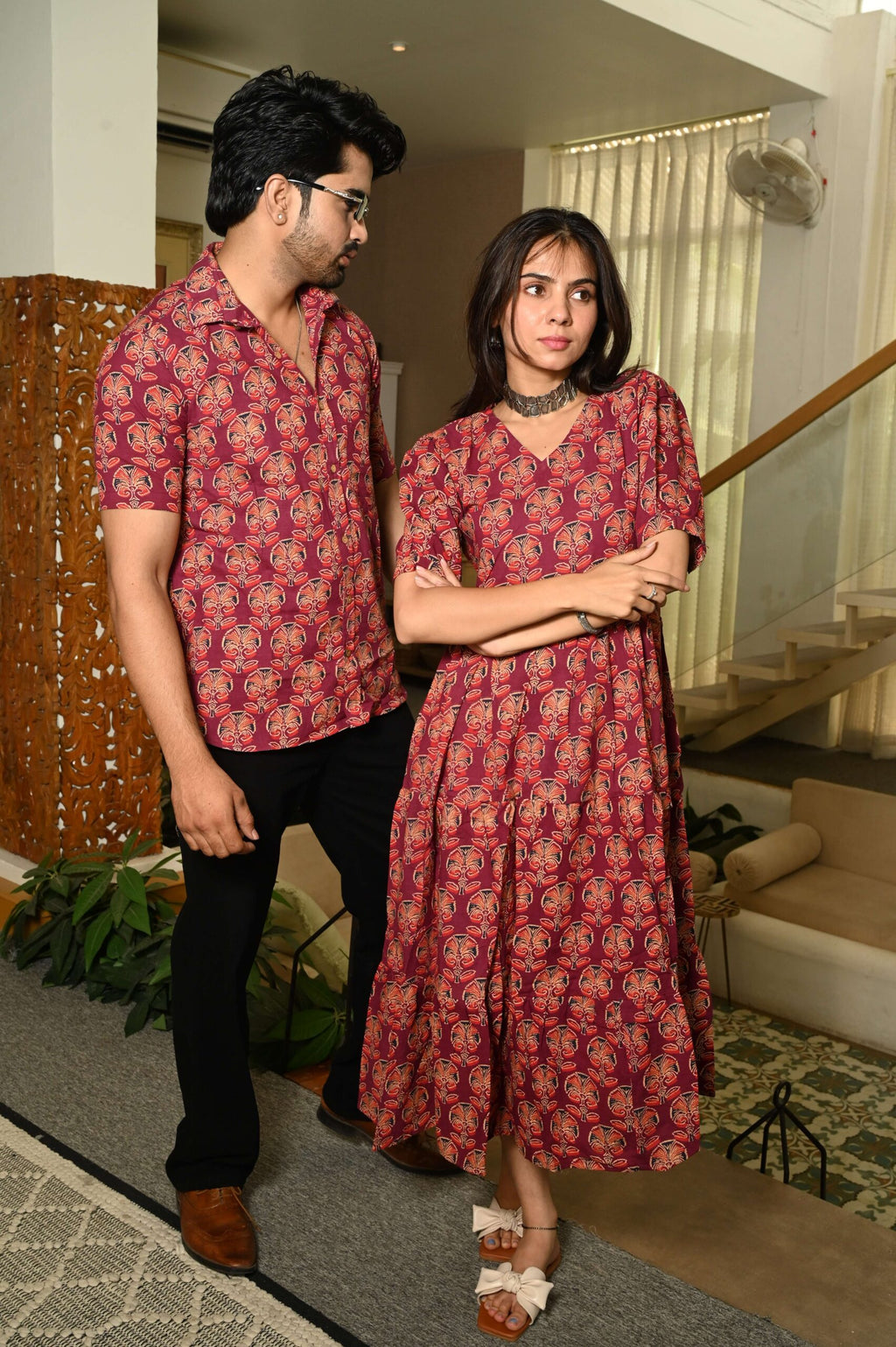Couple Matching Red Cotton Anarkali Midi Dress and Shirt Set ? Floral Block Print