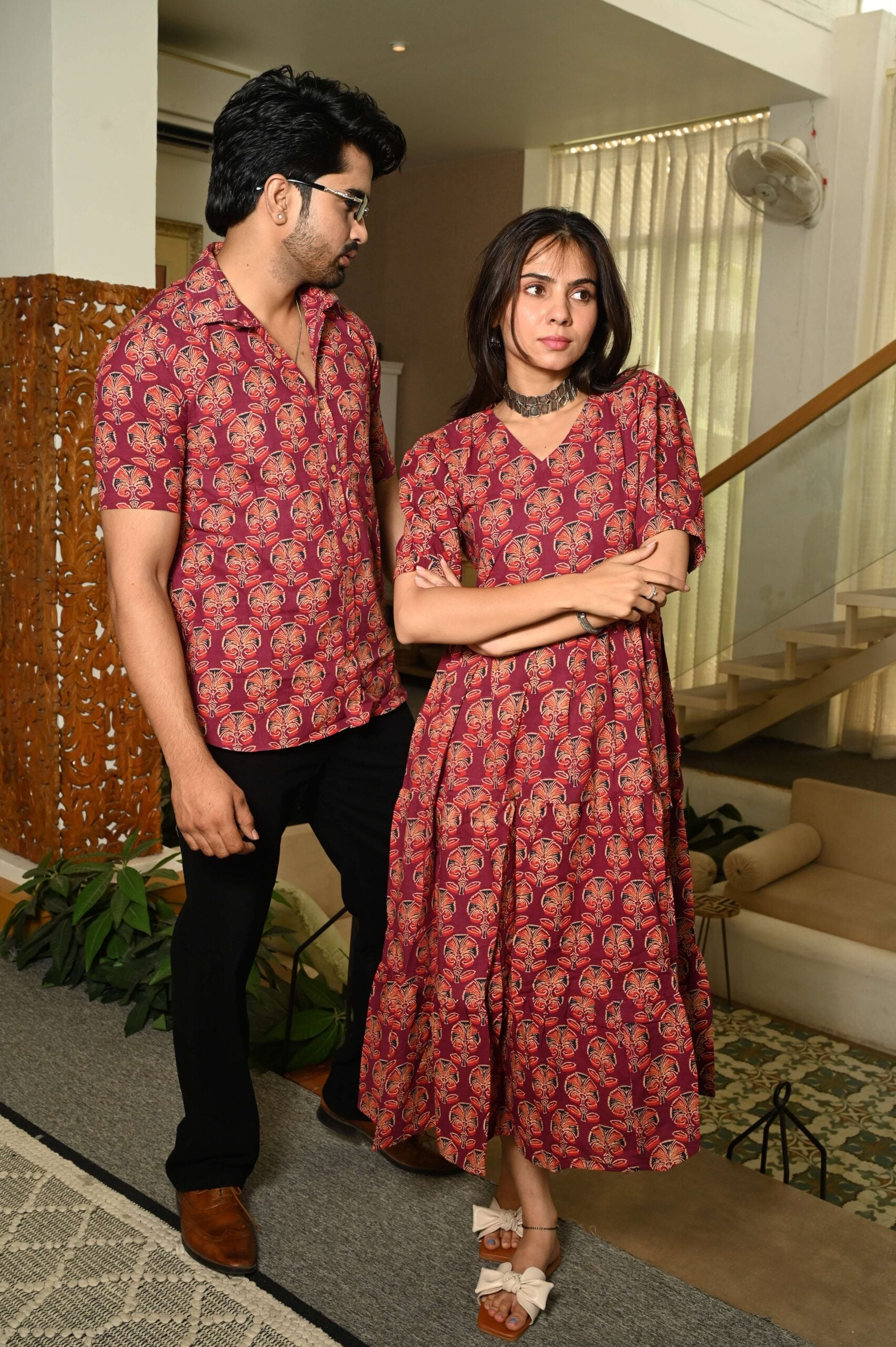 Couple Matching Red Cotton Anarkali Midi Dress and Shirt Set ? Floral Block Print