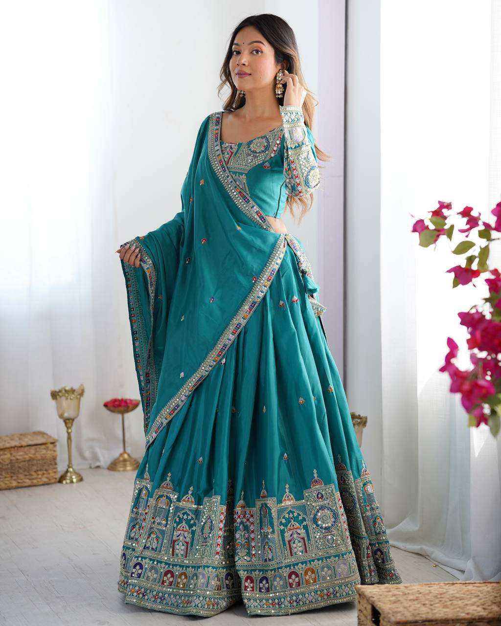 Women's Crepe Silk Sequence Embroidery and Zari Work Rajsthani Lehenga Choli with Dupatta