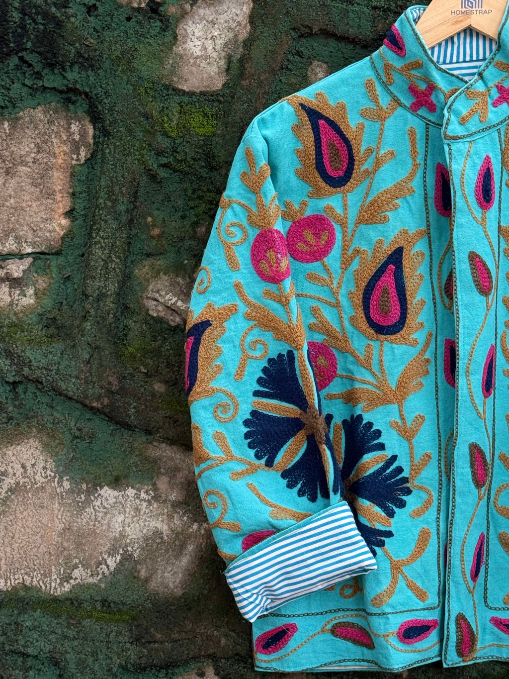 Womens Teal Blue Velvet Embroidered Jacket with Floral Design