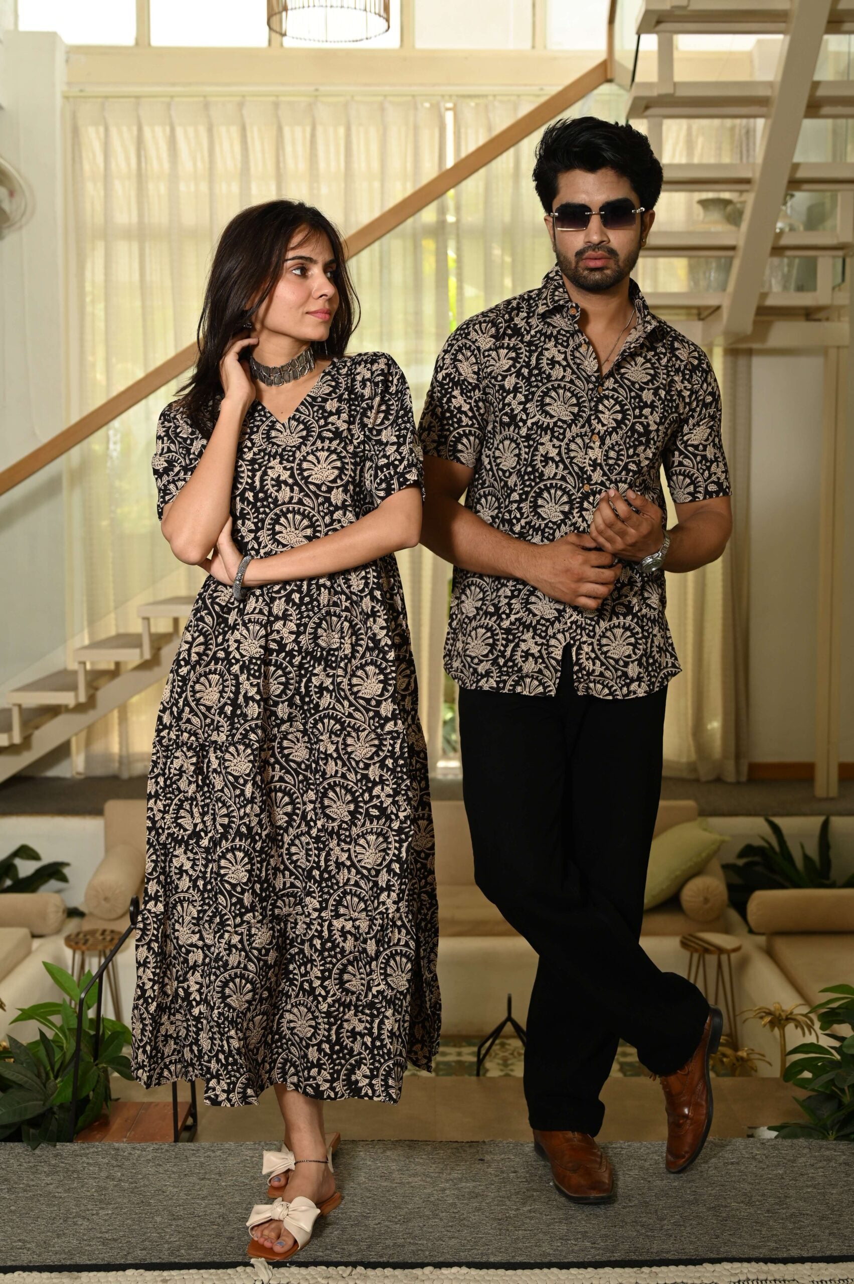 Couple Matching Red Printed Cotton Anarkali Midi Dress & Shirt Set ? Summer Casual Wear
