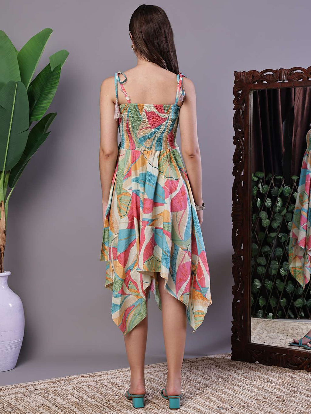 Women's Multicolor Printed Cotton Handkerchief Hem Dress Midi Dresses