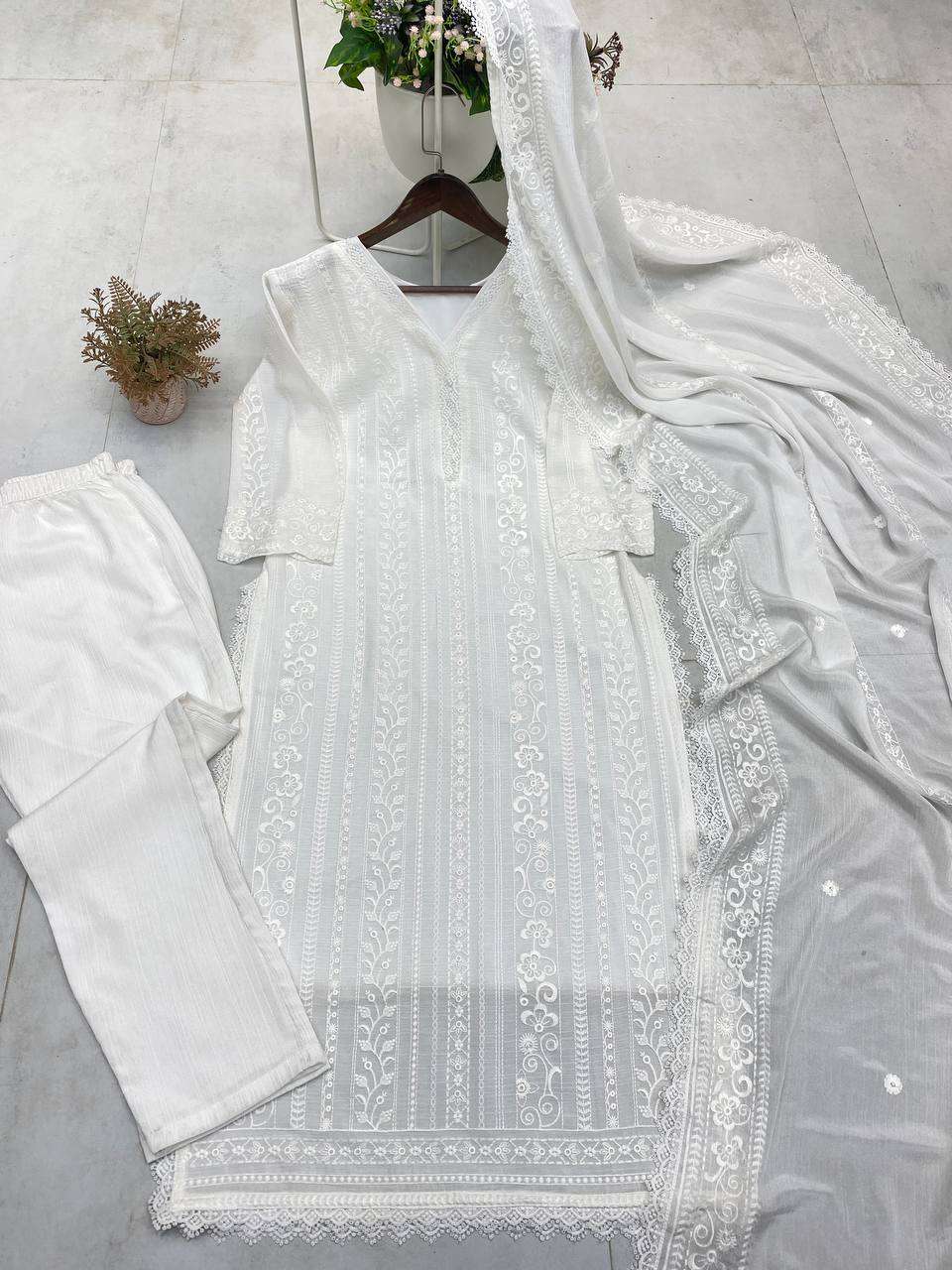 Women's Chinon Silk with Cotton Thread Embroidery Straight Kurti With Pant and Dupatta set