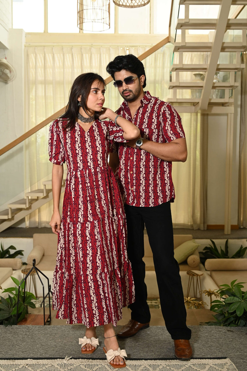 Couple Matching Red Cotton Anarkali Midi Dress and Shirt Set ? Vertical Vine Block Print