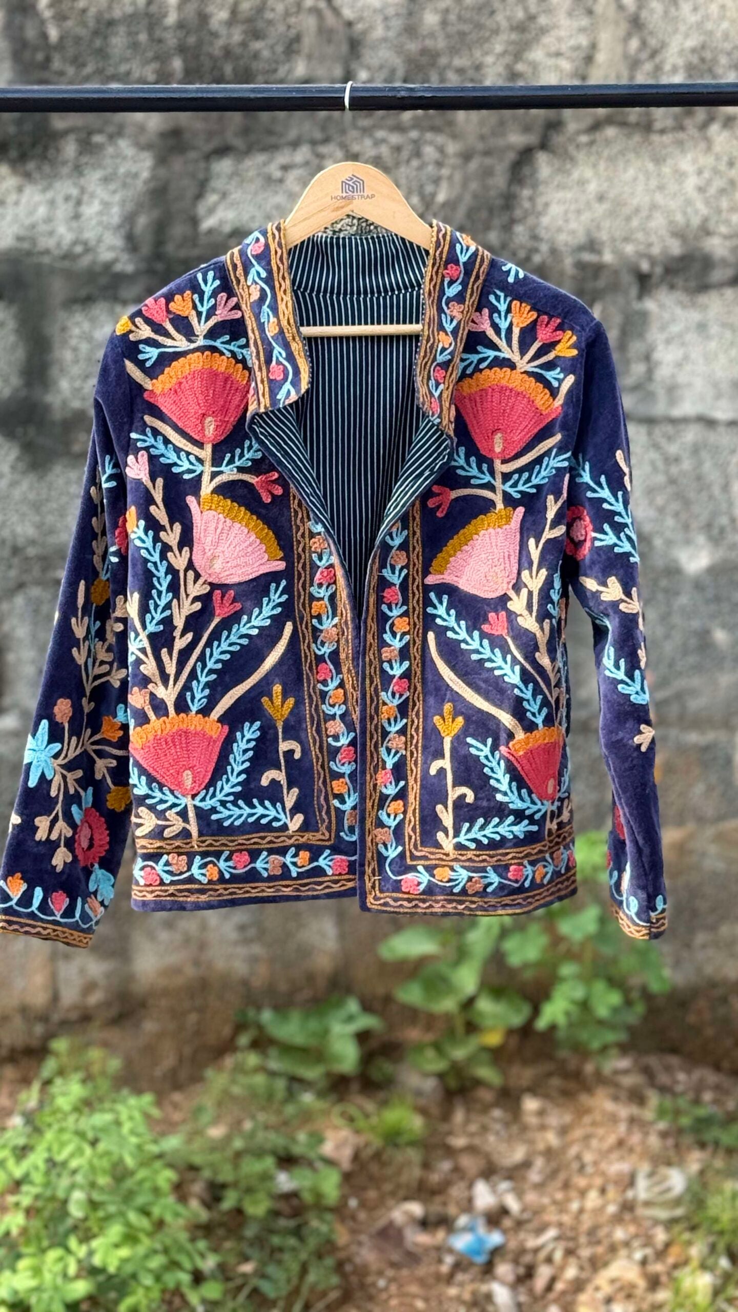 Womens Navy Blue Velvet Embroidered Jacket with Floral Design
