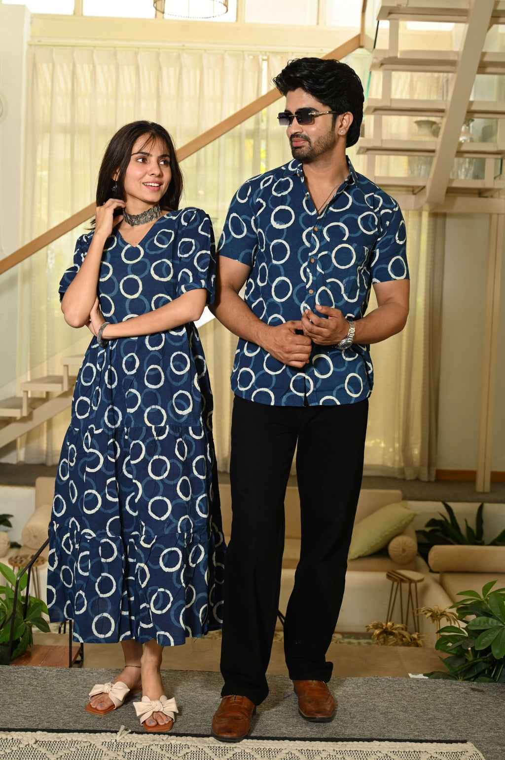 Couple Matching Navy Blue Circular Print Cotton Anarkali Midi Dress and Shirt Set