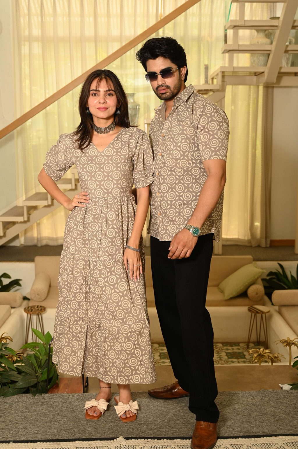 Couple Matching Beige Cotton Anarkali Midi Dress and Shirt Set ? Swirl Block Print