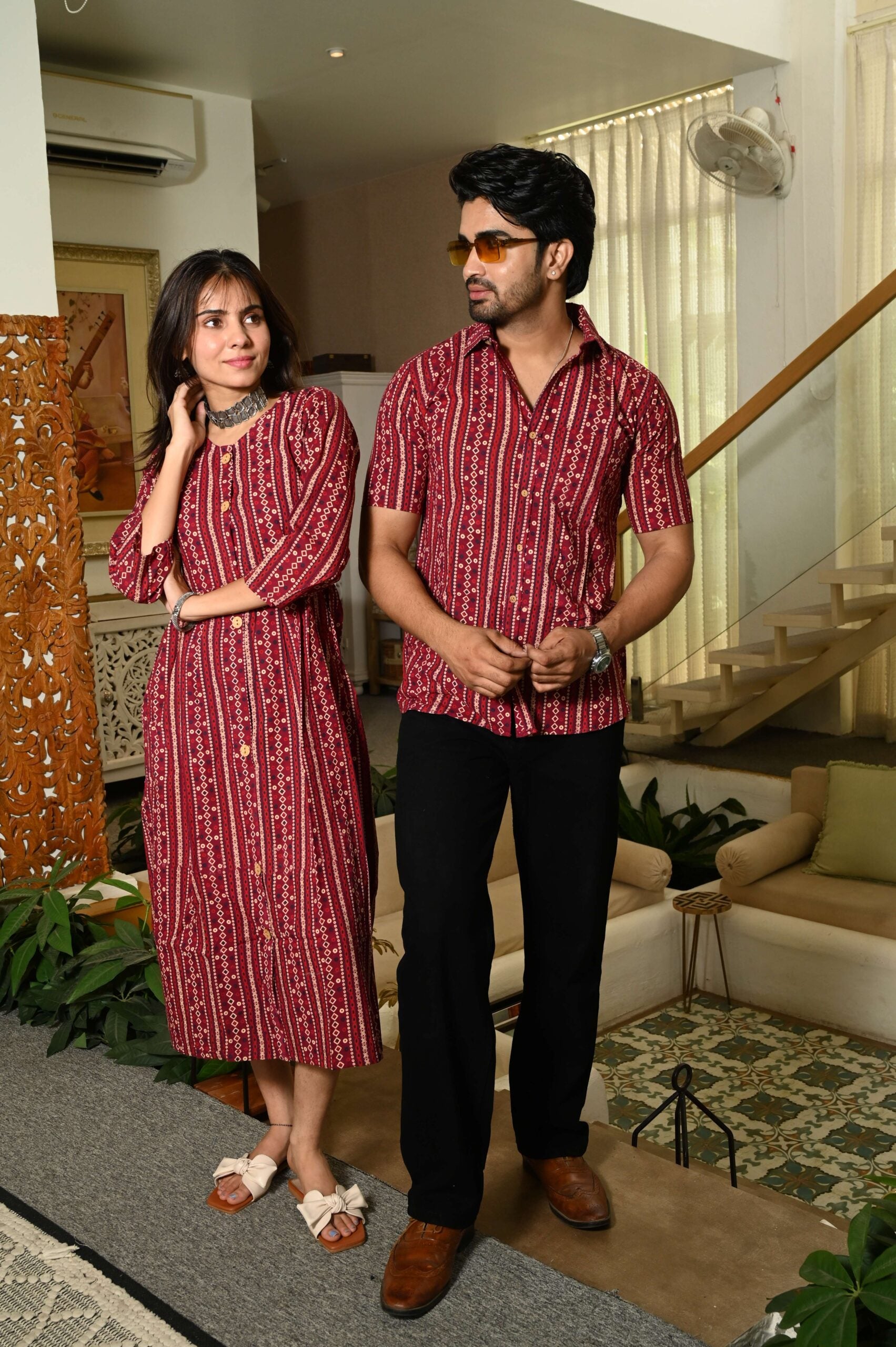 Couple Matching Maroon Cotton Anarkali Midi Dress and Shirt Set ? Vertical Stripe Ethnic Print