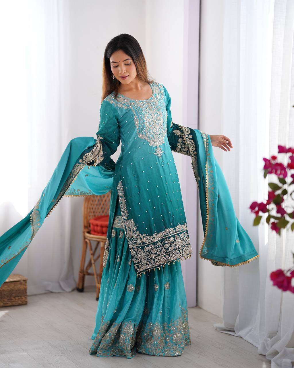 Women's Chinon Silk Sequence With Rivet Moti Work Straight Kurta With Sharara and Dupatta Set