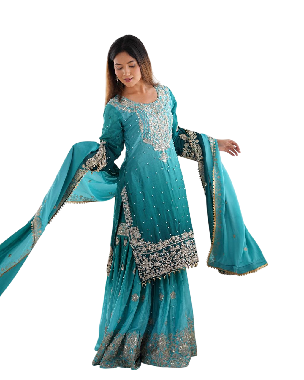 Women's Chinon Silk Sequence With Rivet Moti Work Straight Kurta With Sharara and Dupatta Set