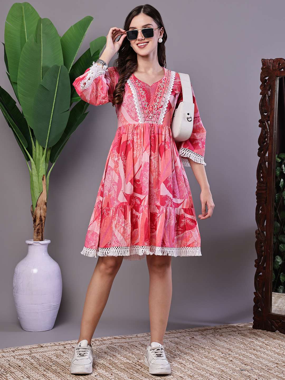 Wome's Pink Floral Printed Cotton A-Line Dress with Embroidered Yoke Midi Dresses
