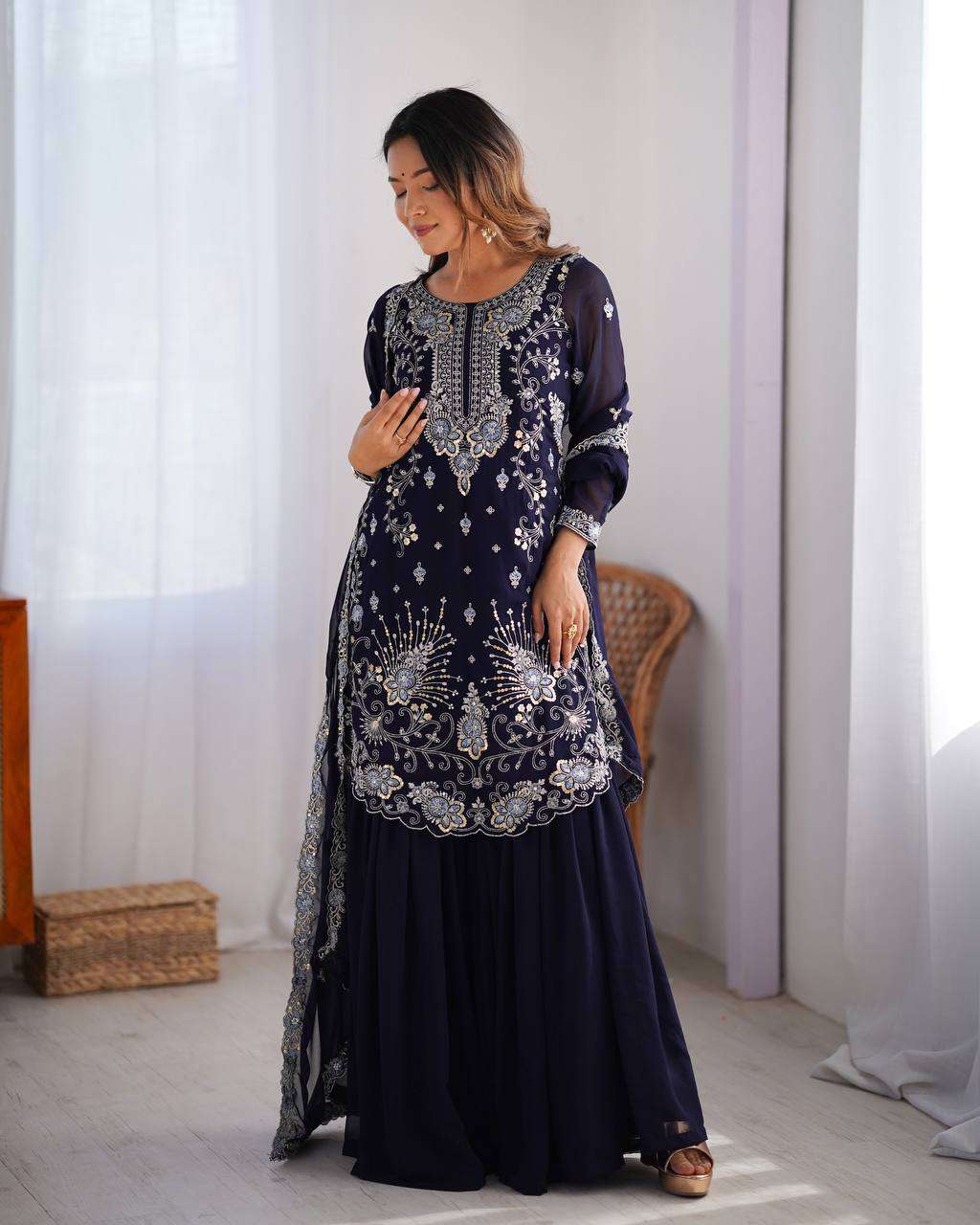 Women's Faux Georgette Sequins & Thread Work Straight Kurta With Sharara Suit and Dupatta Set