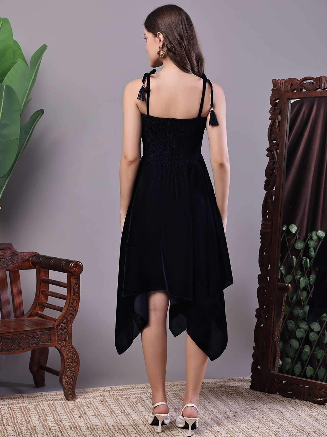 Women's Junglee Black Velvet Party Midi Dress with Asymmetrical Hemline Midi Dresses