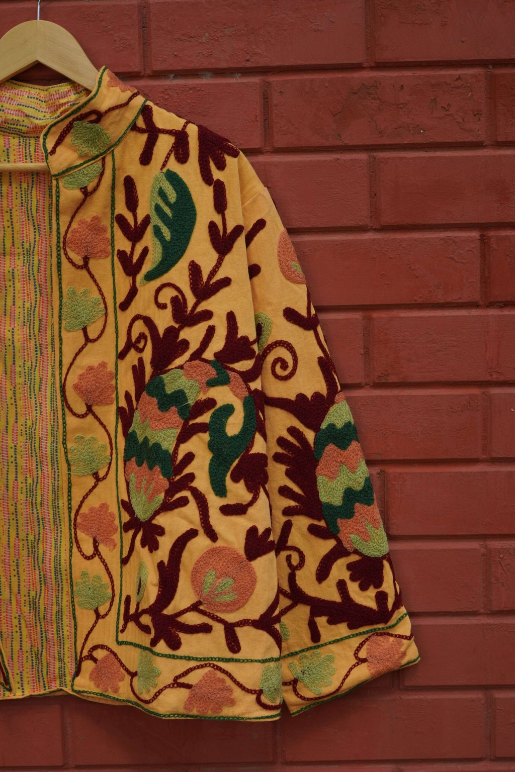 Womens Yellow Velvet Embroidered Jacket with Floral Design