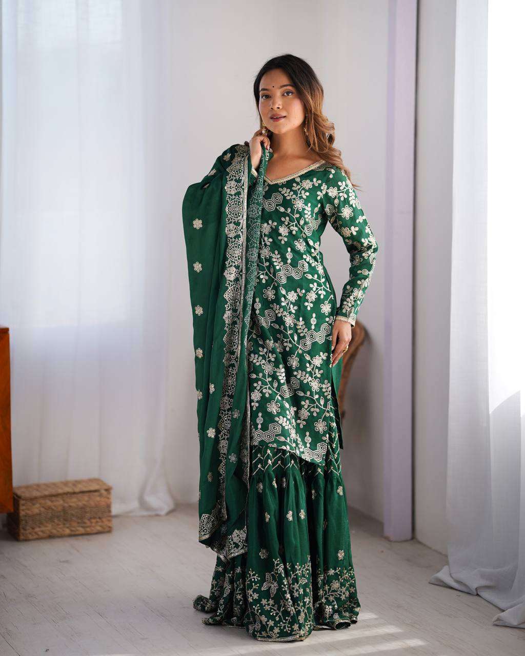 Women's Chinon Silk Embroidery Sequence Work Straight Kurti With Sharara Suit and Dupatta Set