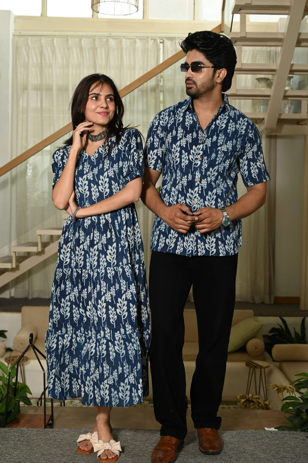 Couple Matching Blue Leaf Print Cotton Anarkali Midi Dress and Shirt Set