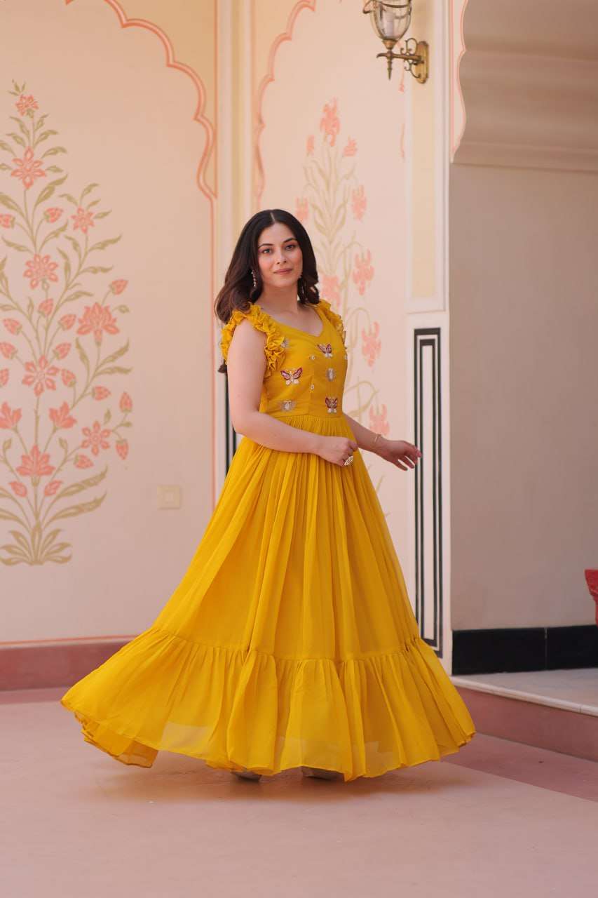 Women's Elegant Plum Purple Georgette Anarkali Gown with Butterfly Applique & Ruffle Sleeves – Festive & Special Occasion Wear