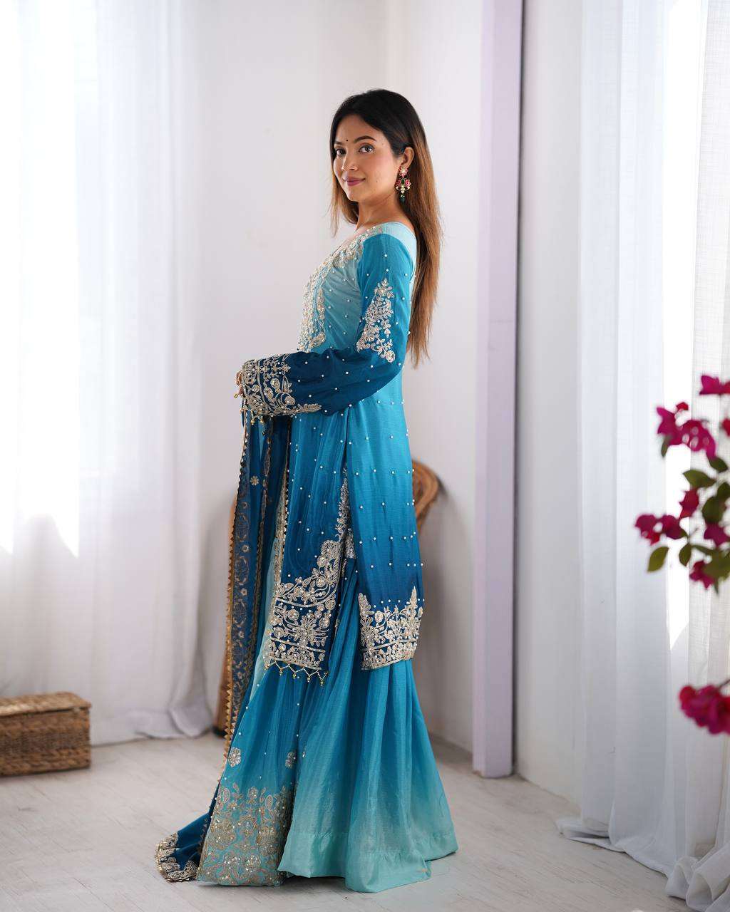 Women's Chinon Silk Sequence With Rivet Moti Work Straight Kurta With Sharara and Dupatta Set