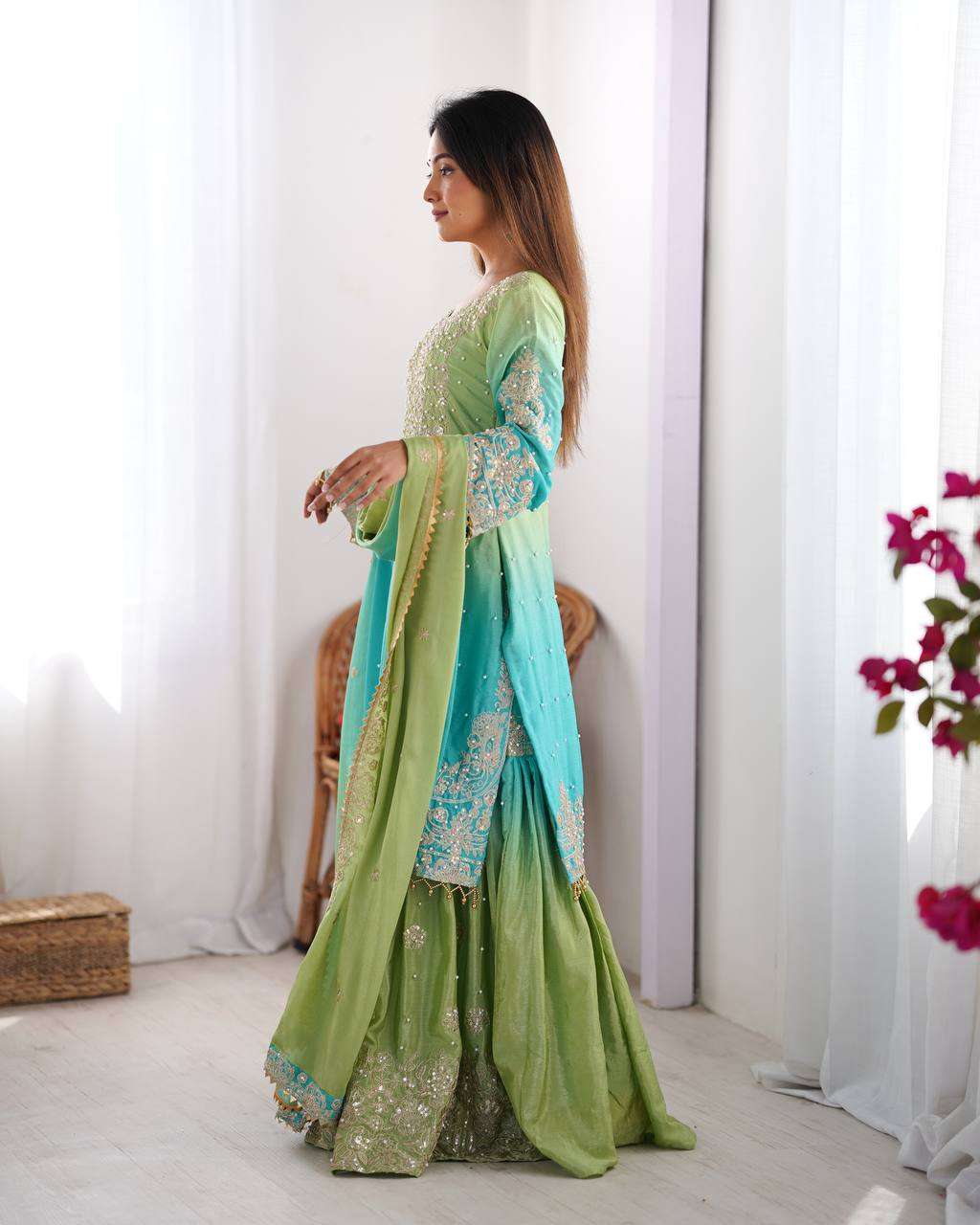 Women's Chinon Silk Sequence With Rivet Moti Work Straight Kurta With Sharara and Dupatta Set
