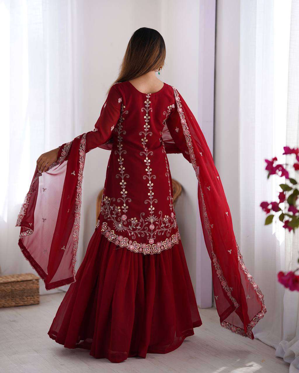 Women's Faux Georgette Sequins & Thread Work Straight Kurta With Sharara Suit and Dupatta Set