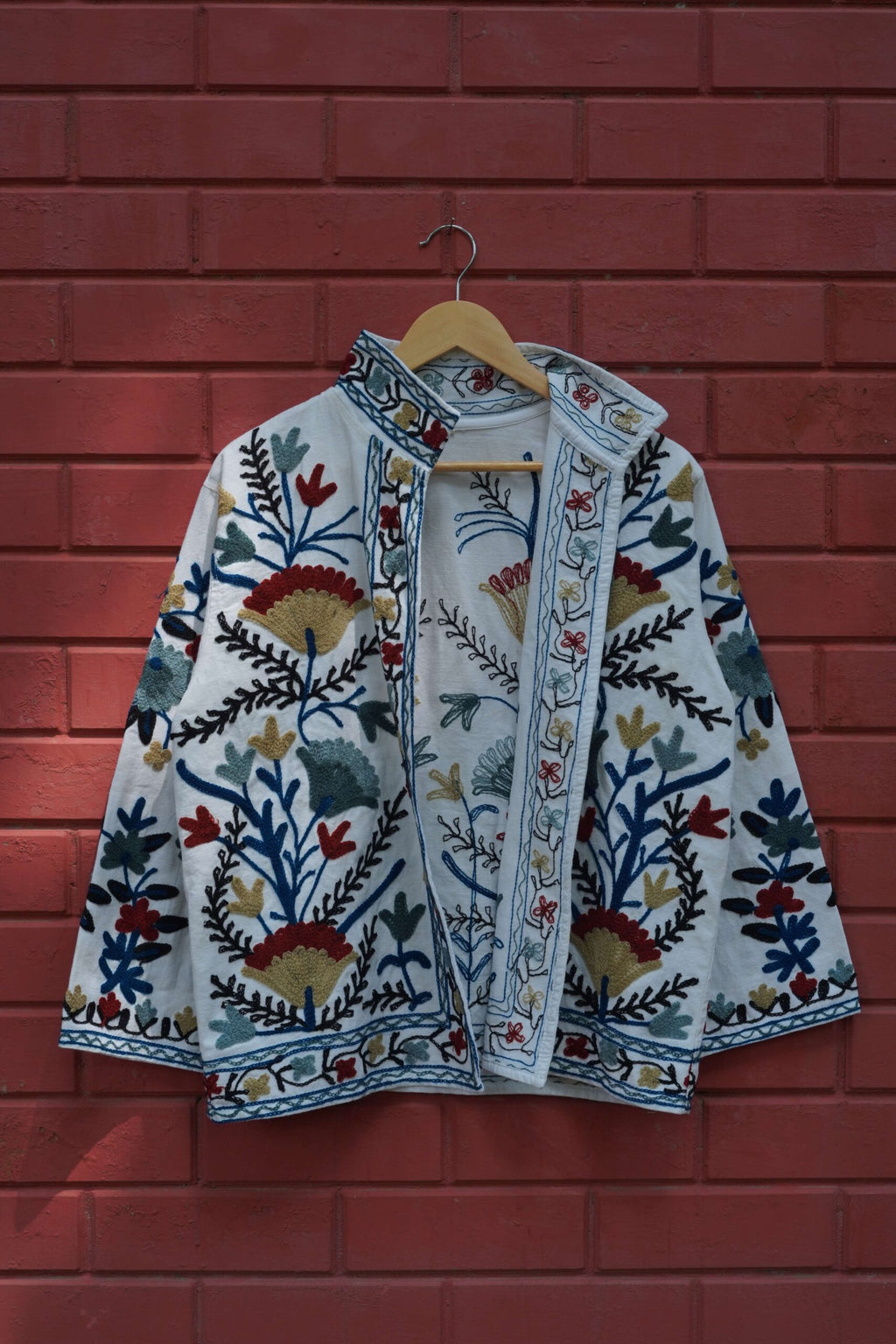 Womens White Velvet Embroidered Jacket with Floral Design