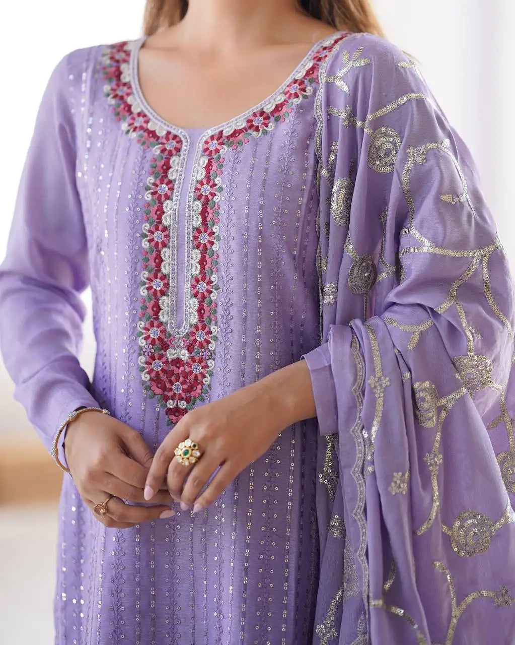 Women's Chinon Silk Sequence And Thread Work Straight Kurti With Pant and Dupatta Set