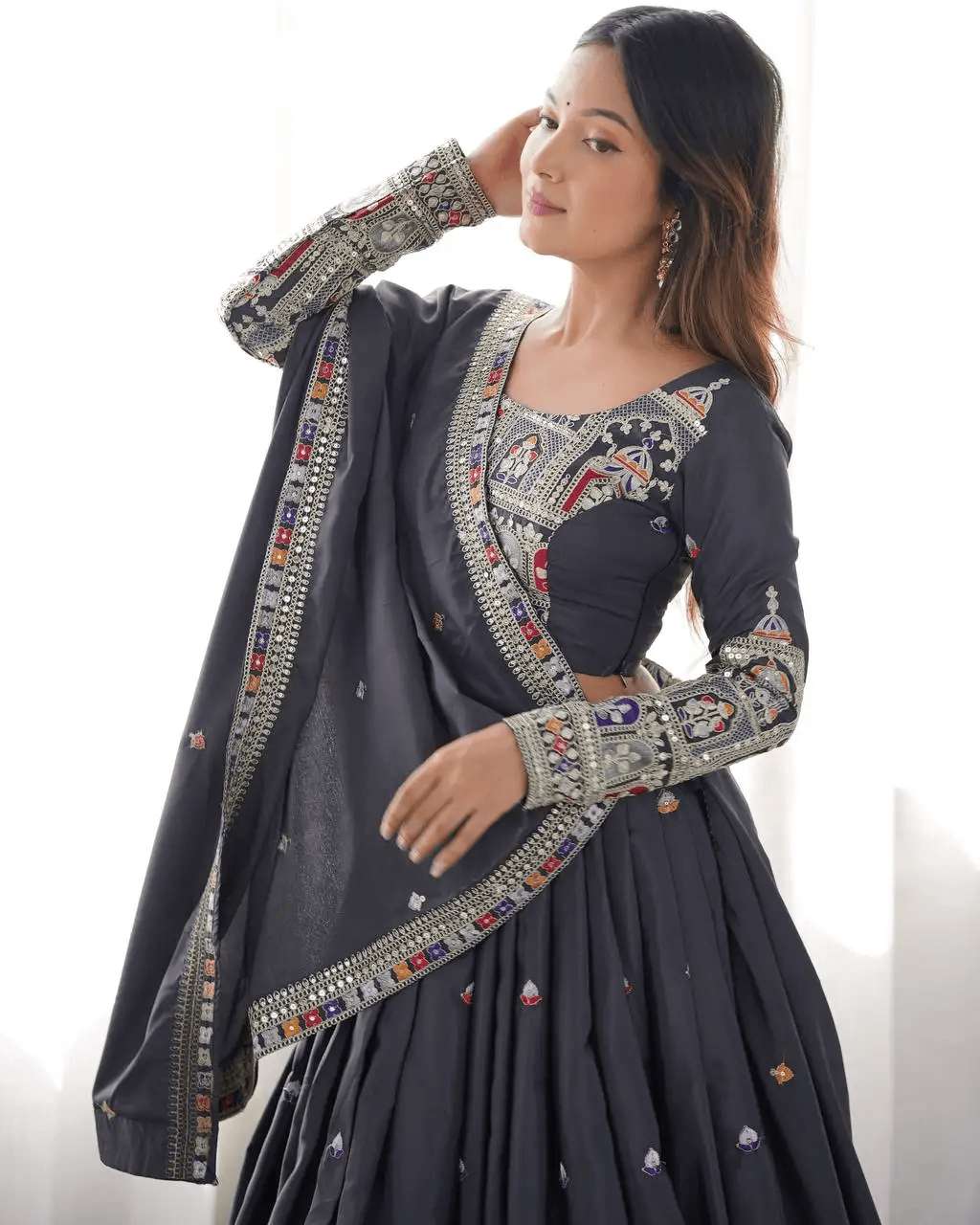 Women's Crepe Silk Sequence Embroidery and Zari Work Rajsthani Lehenga Choli with Dupatta