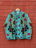 Womens Teal Blue Velvet Embroidered Jacket with Floral Design