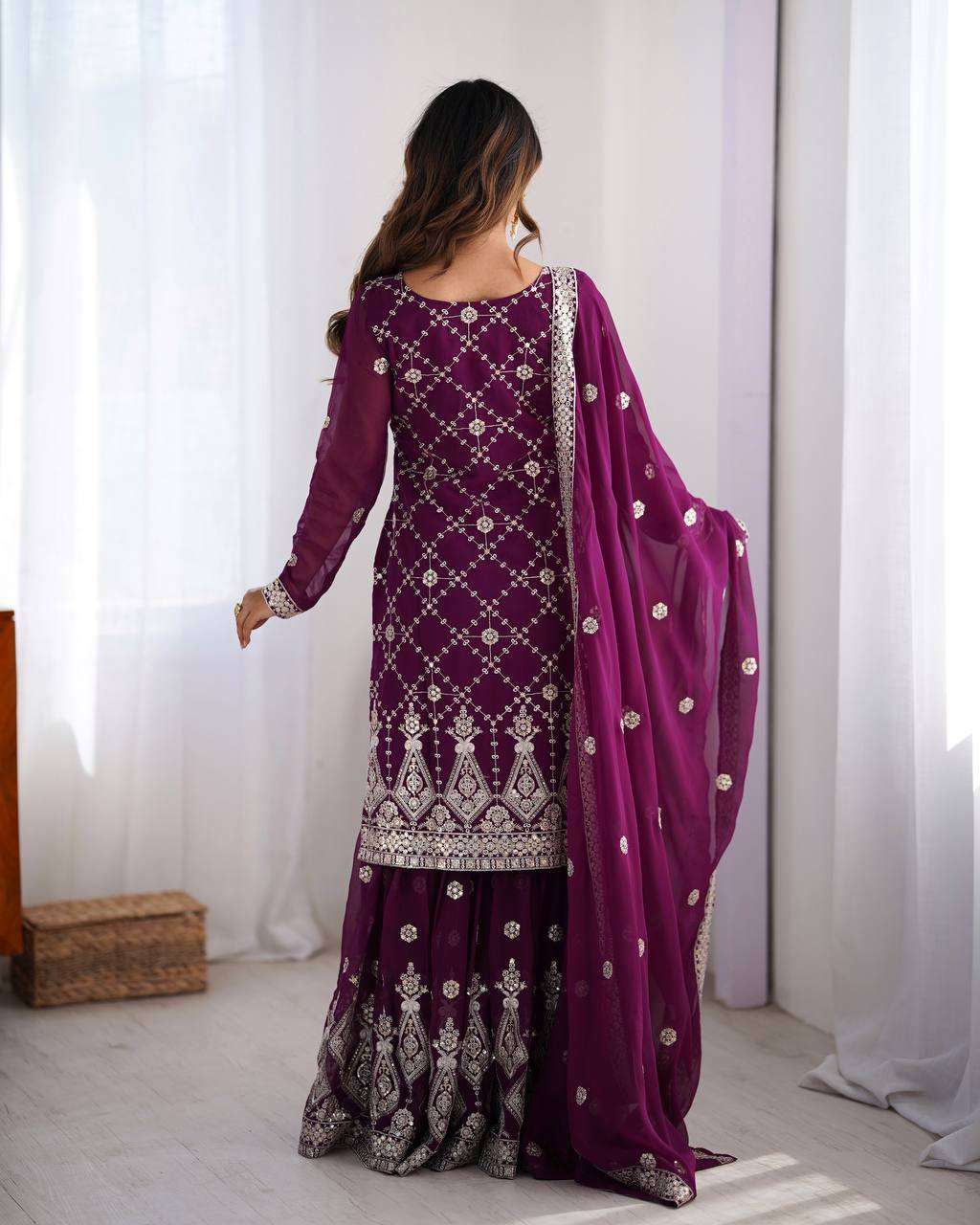 Women's Georgette Embroidery Work Straight Kurta With Sharara Suit and Dupatta Set