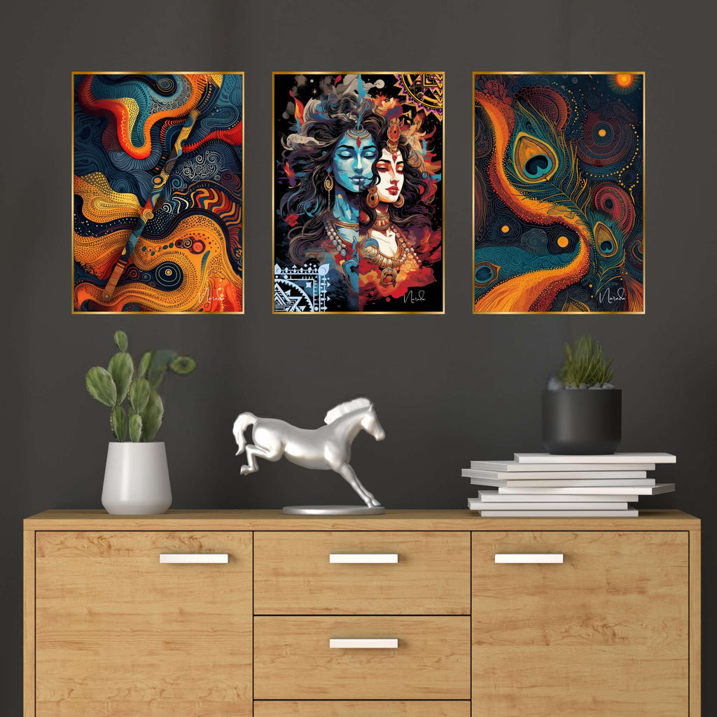 Set of Three Wall Paintings for Wall Dacoration Golden Framed Wall Paintings for Living Room & Bedroom Wall Art for Home Decoration & Office Wall Décor (24x18 inch CH-GD3-5)
