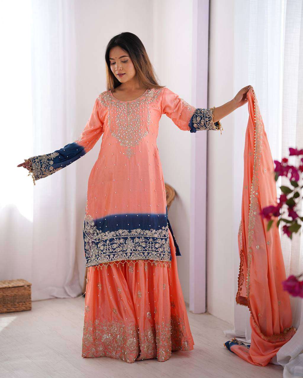 Women's Chinon Silk Sequence With Rivet Moti Work Straight Kurta With Sharara and Dupatta Set