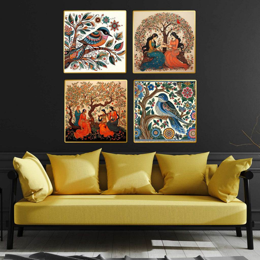 Set of Four Wall Paintings for Wall Dacoration Golden Framed Wall Paintings for Living Room & Bedroom Wall Art for Home Decoration & Office Wall Décor (13x10 inch CH-GD4-8)