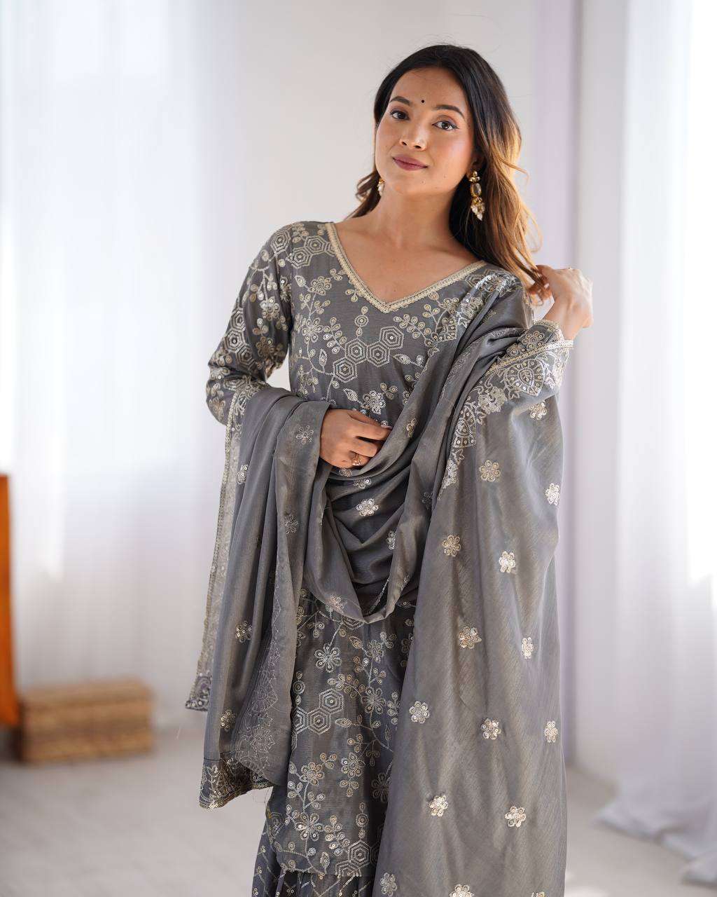 Women's Chinon Silk Embroidery Sequence Work Straight Kurti With Sharara Suit and Dupatta Set