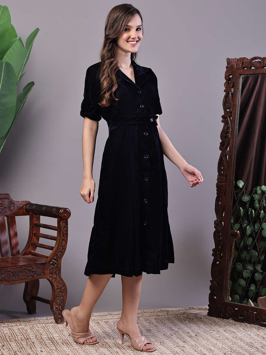 Women's Black Velvet Solid Printed Shirt Midi Dress with Belt