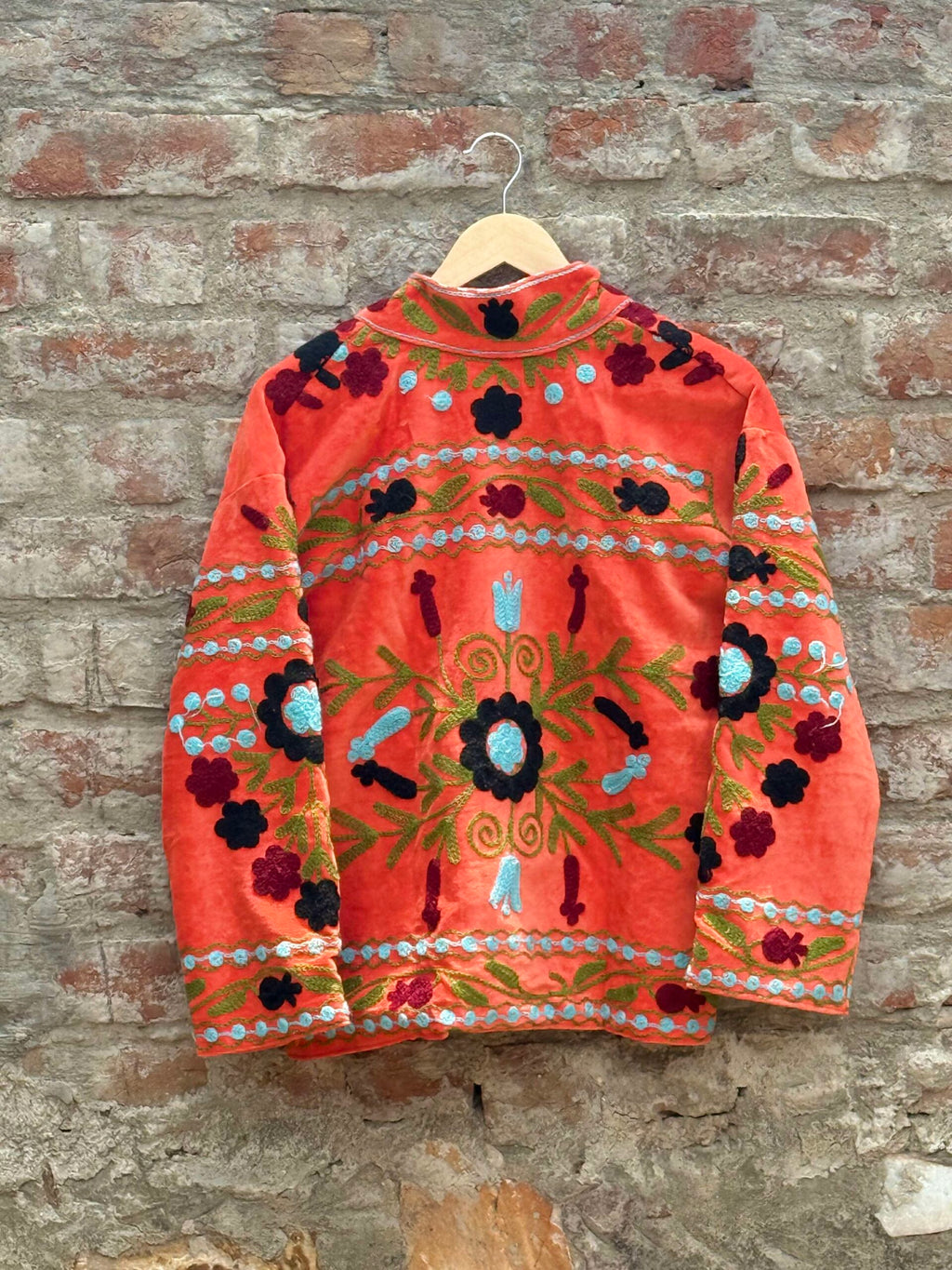 Womens Orange Velvet Embroidered Jacket with Floral Design