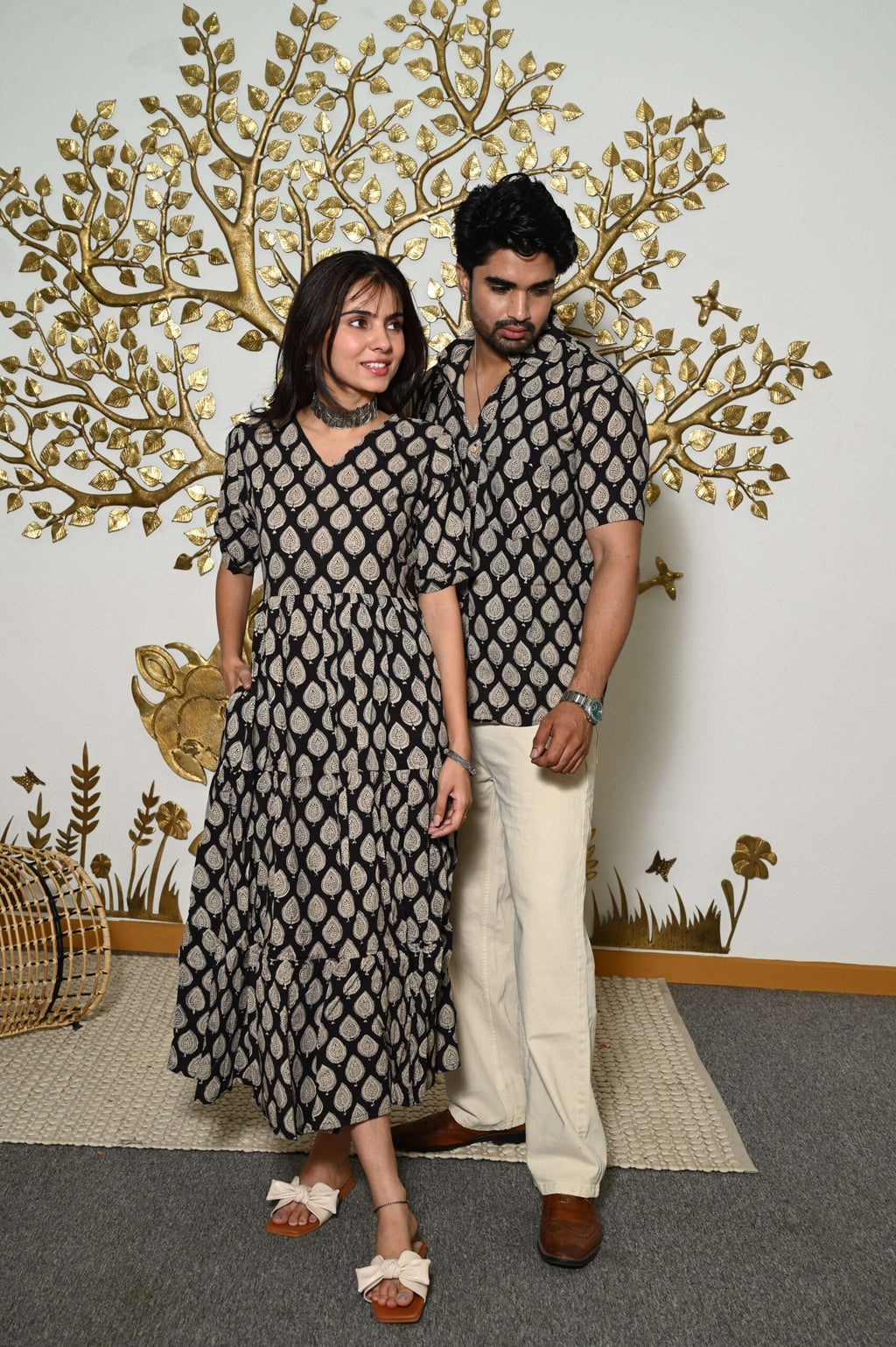 Couple Matching Black & Beige Cotton Anarkali Midi Dress and Shirt Set ? Leaf Print Twinning Outfit