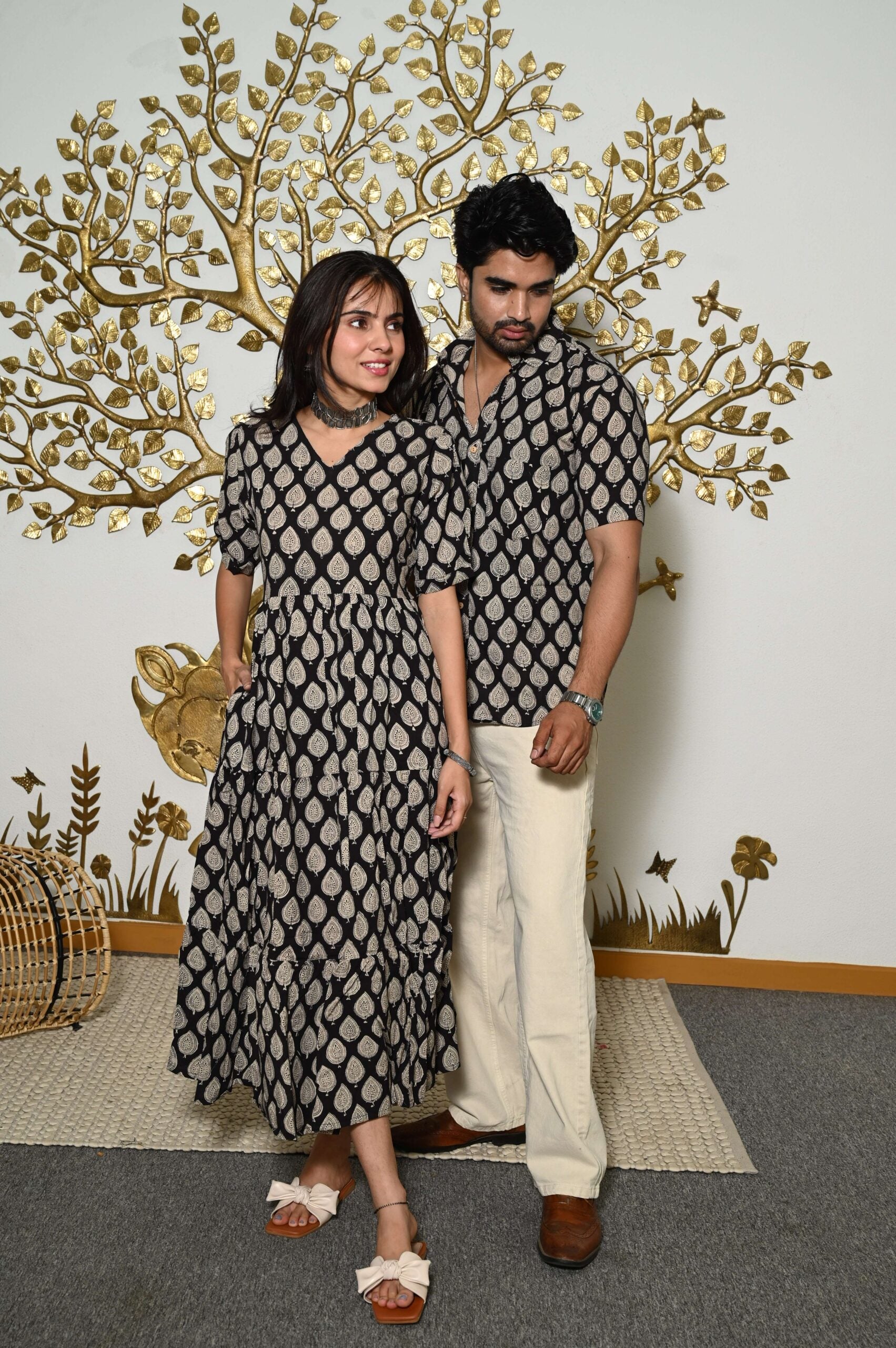 Couple Matching Black & Beige Cotton Anarkali Midi Dress and Shirt Set ? Leaf Print Twinning Outfit