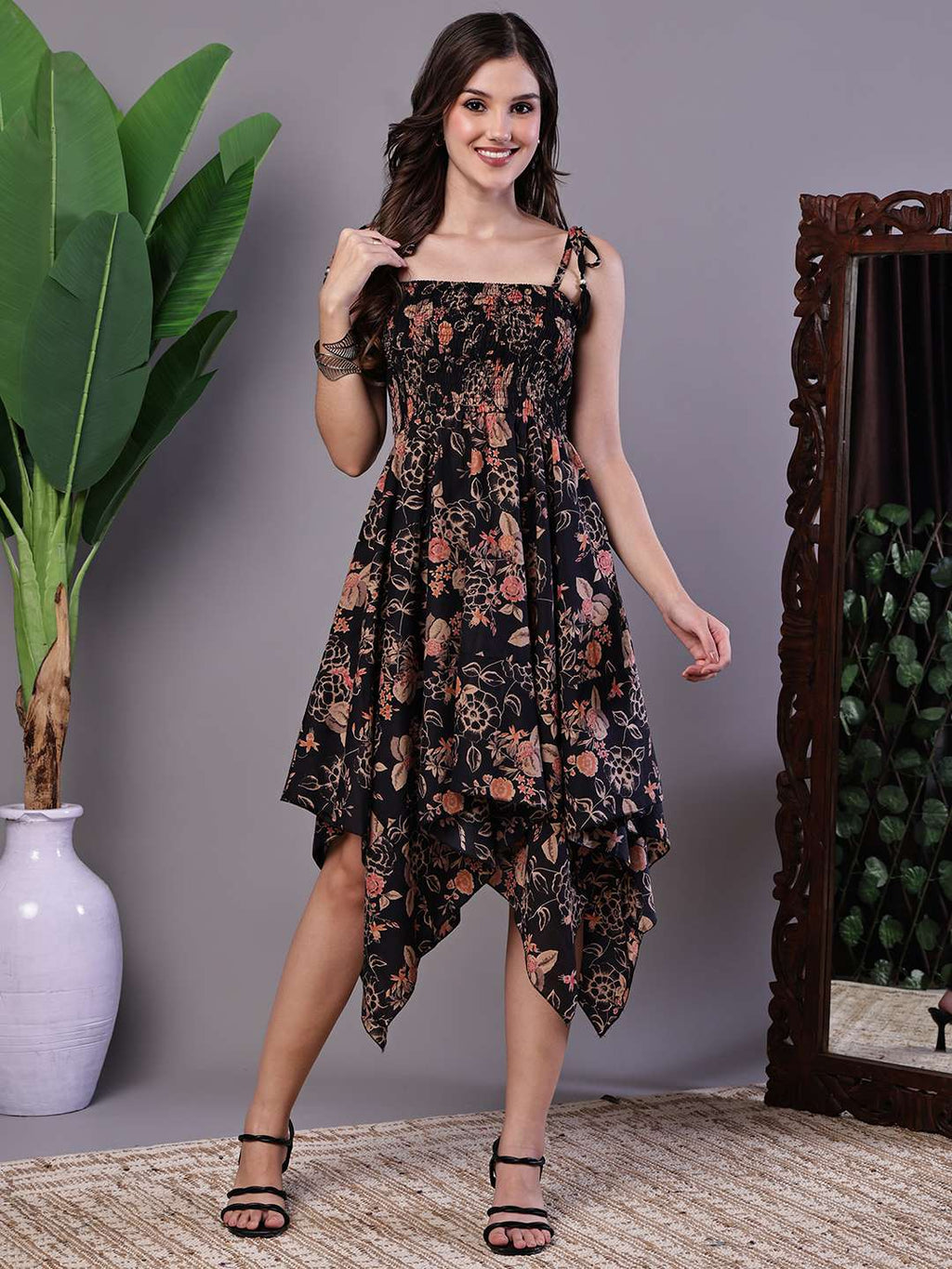 Women's Black Floral Printed Cotton Handkerchief Hem Dress Midi Dresses